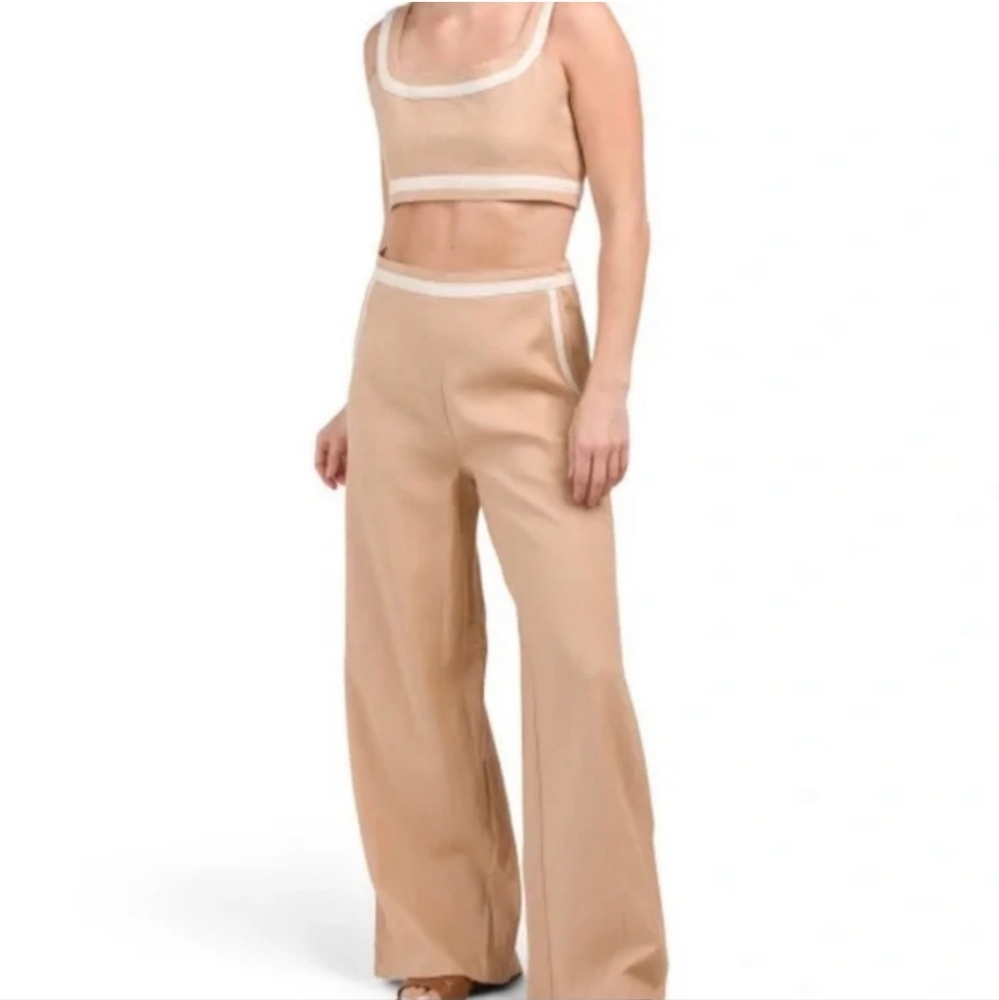 7 For All Mankind Wide Leg Pants in Beige with Cream Trim